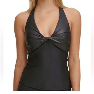 NWT DKNY Large Black Stretch Removable Cups Twist Front Halter Tankini Swimsuit